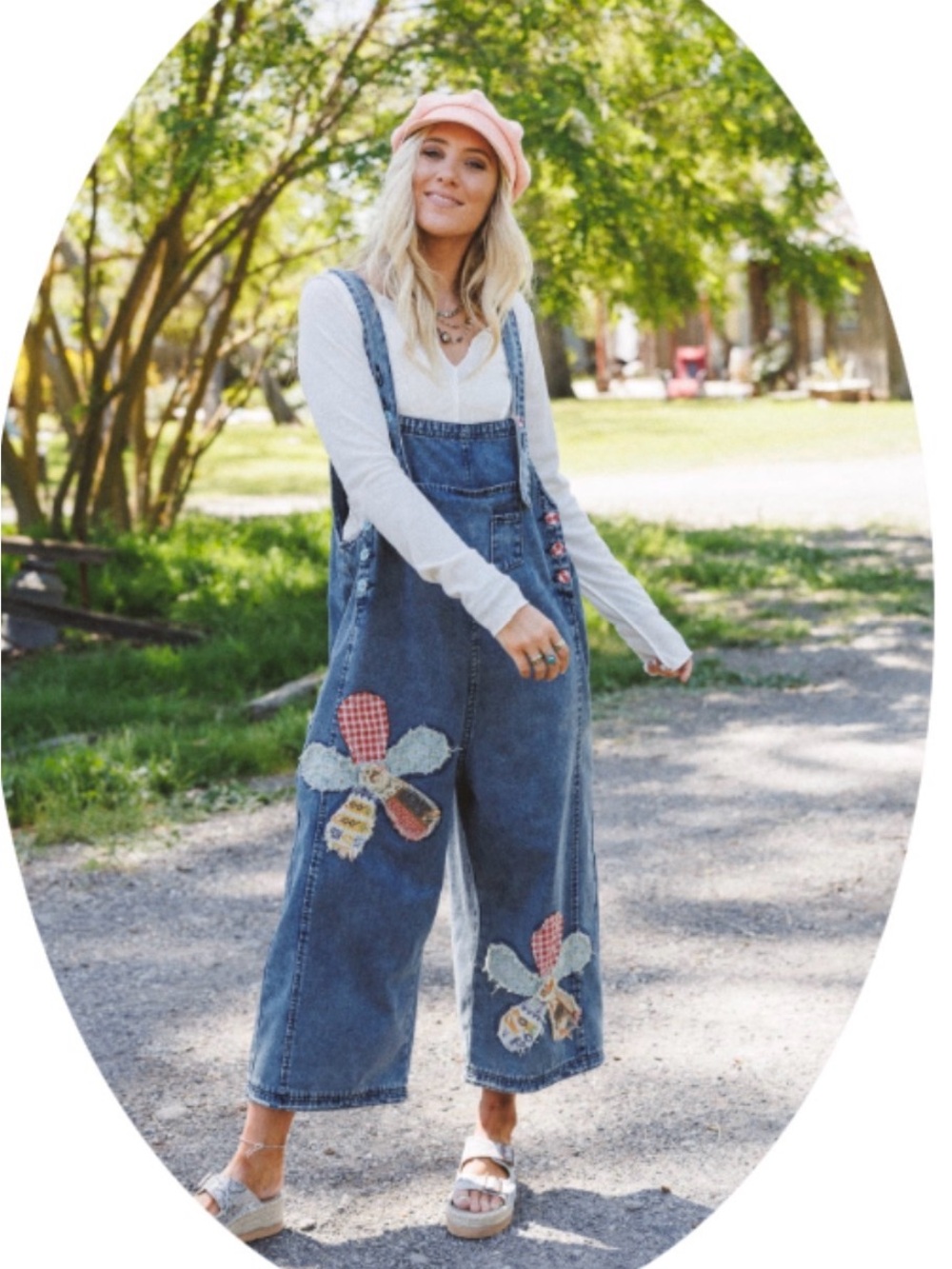 Three Bird Nest Blue Denim Wide-Leg Overalls with Floral Patchwork